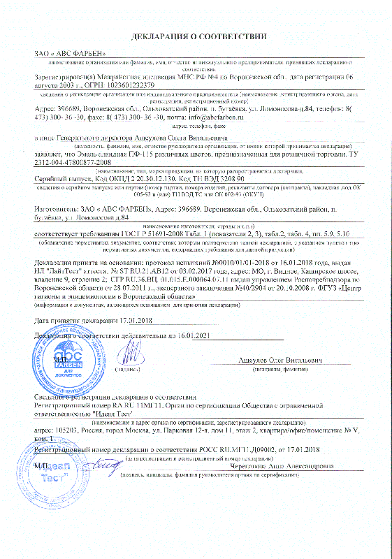 Декларация о соответствии ПФ-115 ТУ