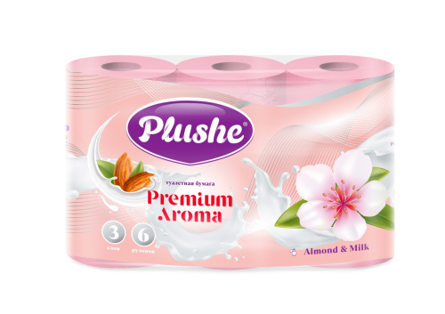 Туалетная бумага Plushe Premium Aroma 'Almond & Milk", 3 слоя 6 рул.*15 м, роз, аром,